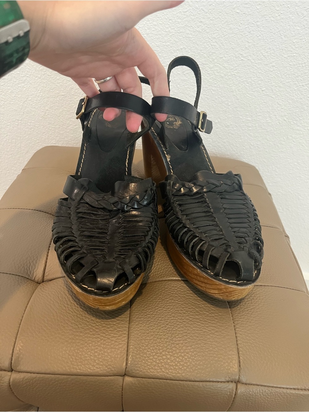 Ecote x Urban Outfitters Platform Sandal Woven Black Buff Leather Wood Women's